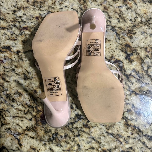 Juen Light Nude Satin Rhinestone High Heel Slide Sandals - Picture 2 of 4